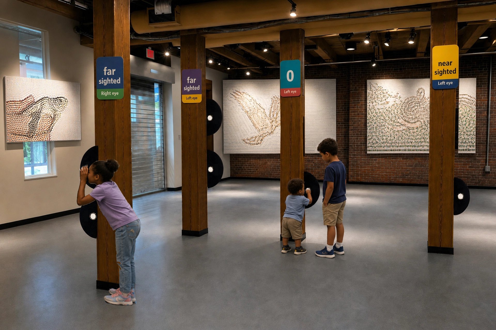 Three children in a gallery peeking through lenses mounted on wooden posts, large mosaic artworks on the walls behind them.