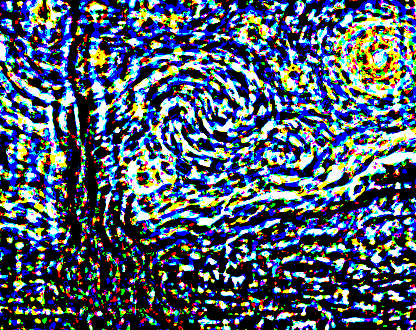 Broader fields of color resolve into a cypress, village and stars in this second optical tuning..