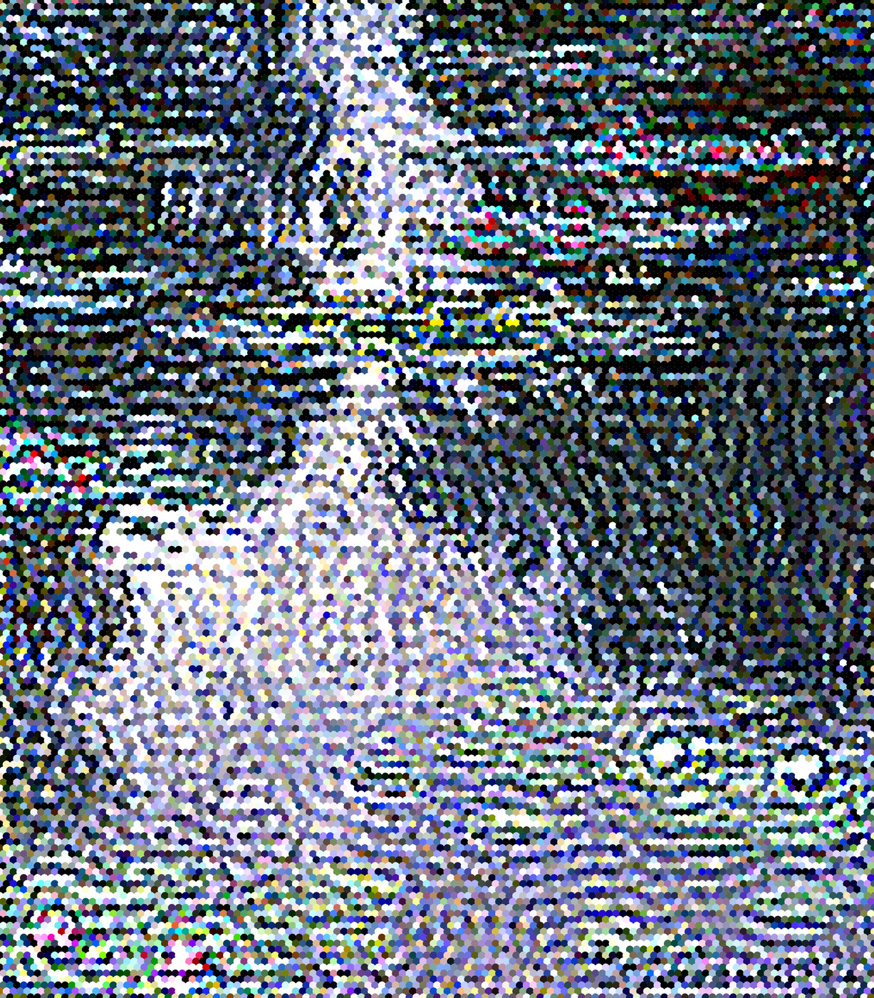 Densely packed colored circles resolve into Monet’s pond, reflections and lily blossoms..