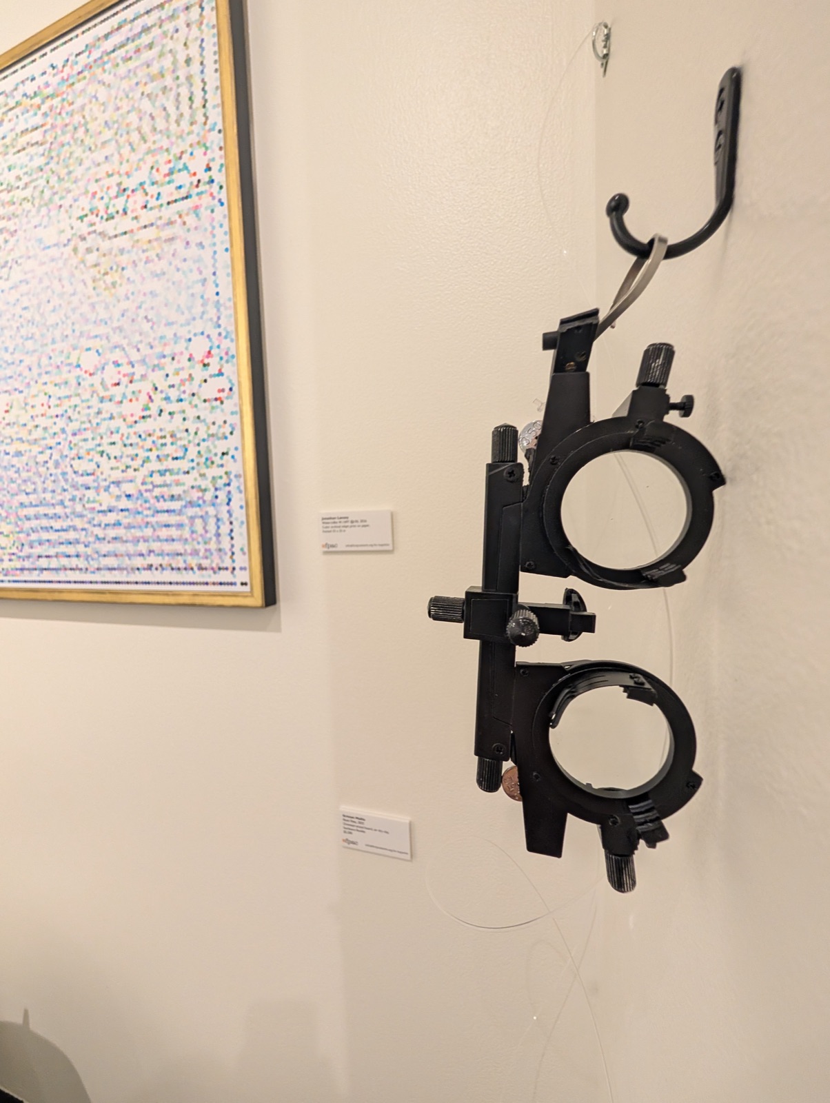 A trial-lens frame hanging on the gallery wall beside the framed water-lilies print.